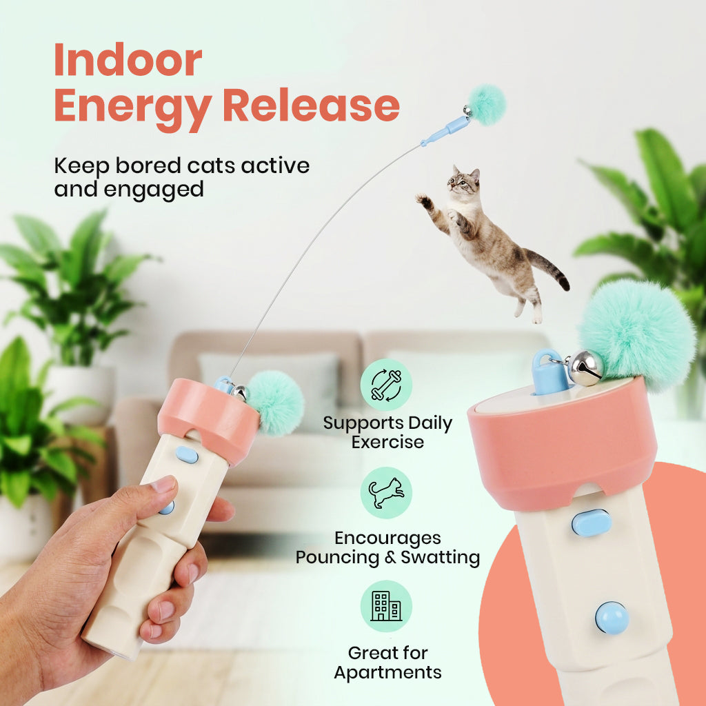 Qpets Automatic Cat Teaser Launcher with 2.2m Retractable String and Replaceable Teasers