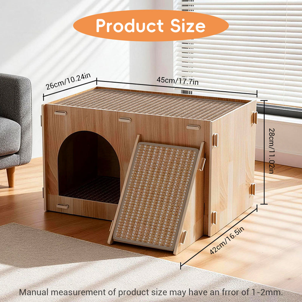 Qpets Wooden Cat House with Enclosed Hideaway, Dual Scratch Stations and Climbing Ramp
