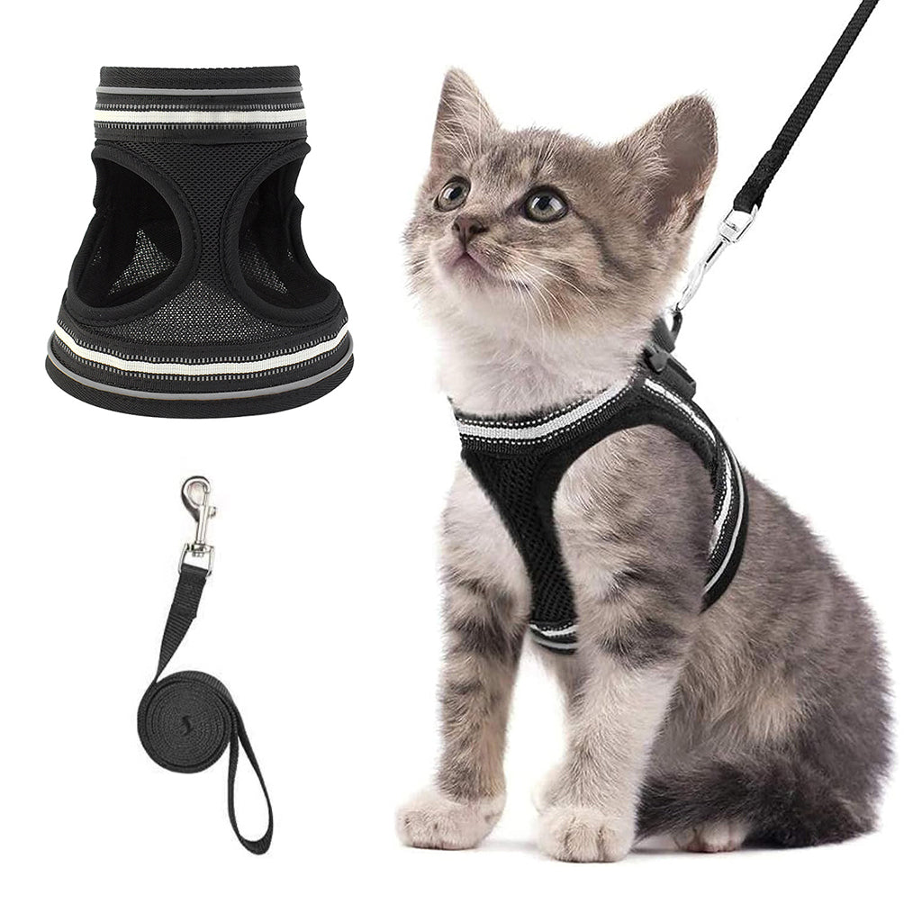Qpets® Cat Harness with Leash, Small Cat Vest Harness Cat Harness with Safety Night Reflective Strip Design, Breathable Adjustable Quick ReleaseSummer Cat Harness for Walking