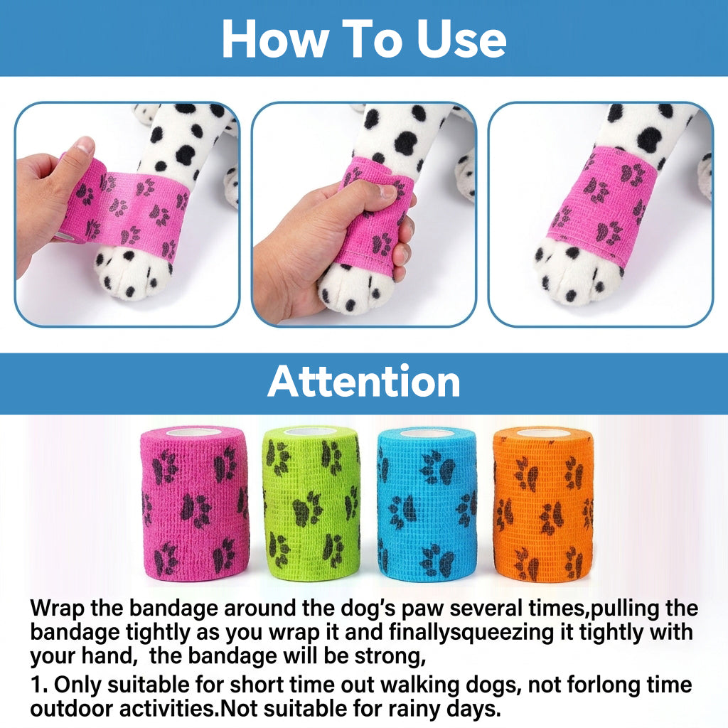 Qpets Paw Print Self-Adhesive Non-Woven Elastic Recovery Bandage Wrap for Cats and Dogs
