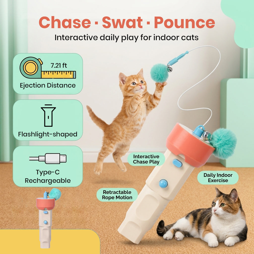 Qpets Automatic Cat Teaser Launcher with 2.2m Retractable String and Replaceable Teasers