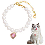 Qpets® Cat Collar Jewelry Necklace Pink Rhinestone Heart Charm Pearl Necklace Adjustable Cat Puppy Charm Necklace Dressing Up JewellryPhotography Prop, 11.81+1.97 inches