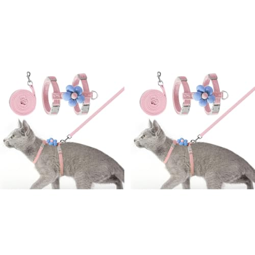 Qpets® Cat Harness with Leash Set for Kitten Quick Release Buckle Escape-Proof Cute Flower Small Pet Belt Outdoor Walking Travel M Chest 27-43cm Neck 23-33cm 2PCS