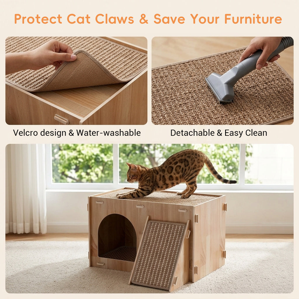 Qpets Wooden Cat House with Enclosed Hideaway, Dual Scratch Stations and Climbing Ramp