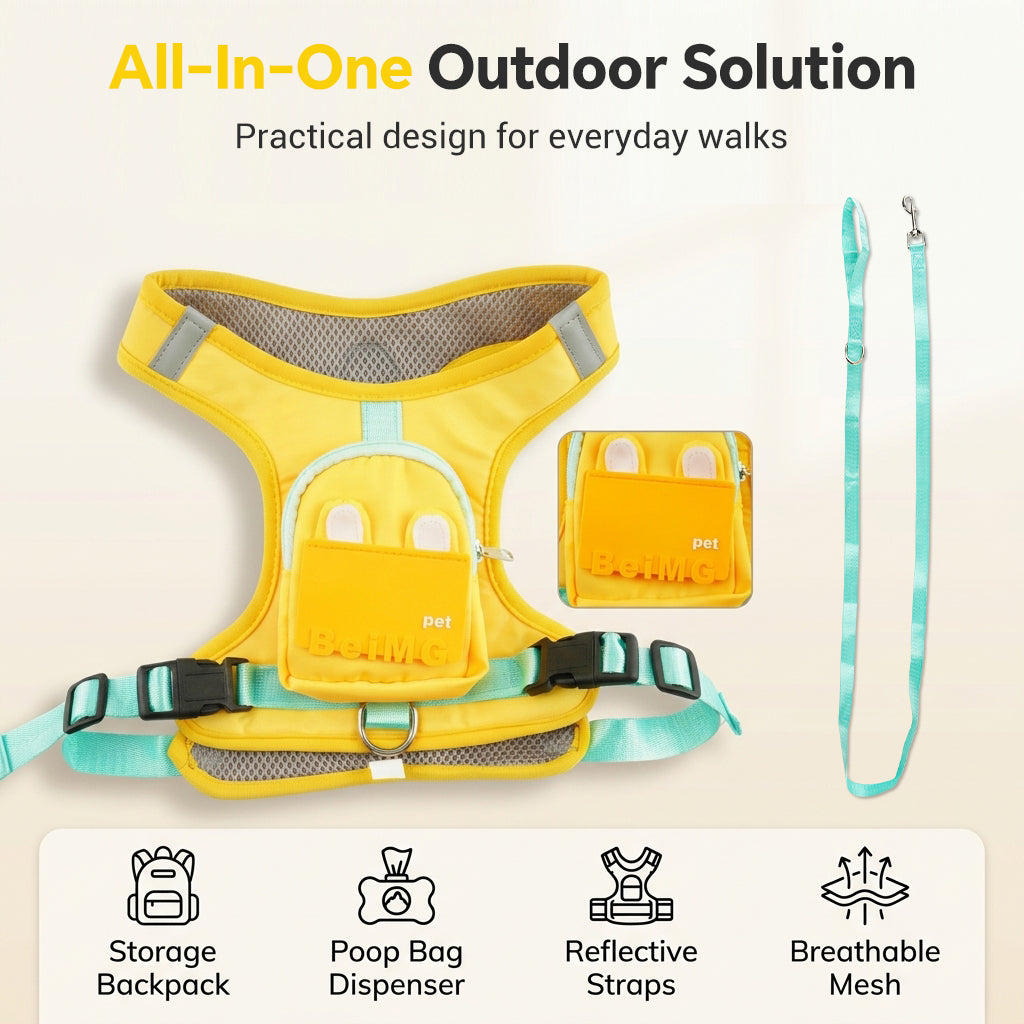 Qpets Dog Harness Backpack and Leash Set with Reflective Oxford Fabric, Medium L, 42-55 cm Chest