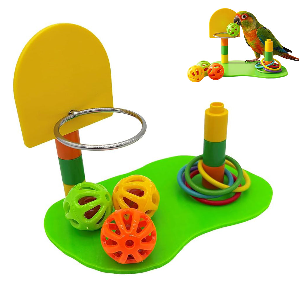 Qpets Interactive Bird Toy Basketball Hoop and Ring Toss Set with Adjustable Height for Small Parrots