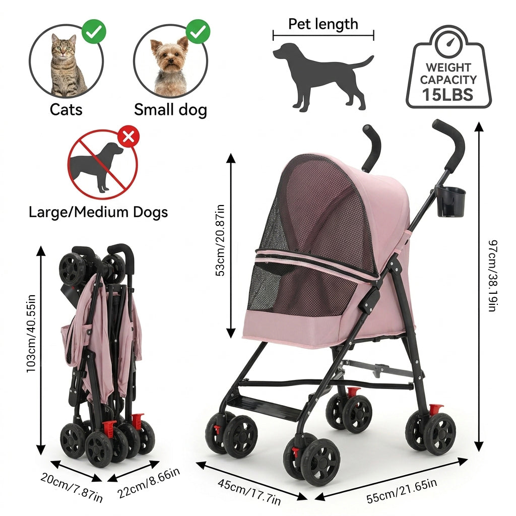 Qpets Foldable Pet Stroller for Small Dogs and Cats, Up to 7kg, Mesh Window and One-Step Fold