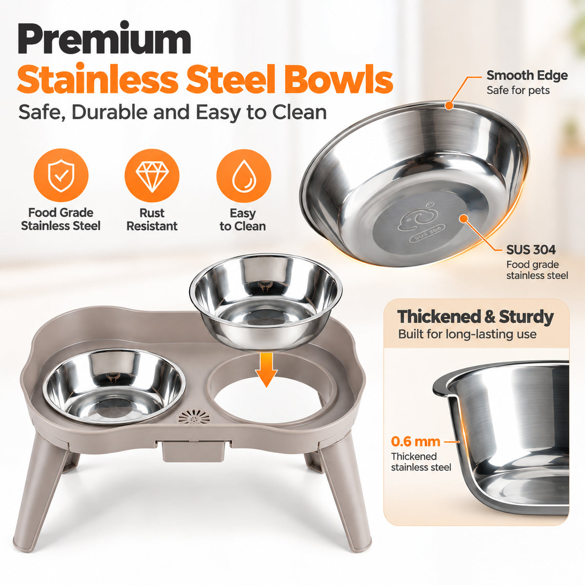 Qpets Elevated Dog Bowl Stand, Size L, Two Stainless Steel Bowls, Drip Tray and Non-Slip Base