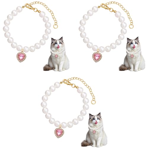 Qpets® Jewelry Cat Collar Pet Necklace with Pink Rhinestone Heart Charm Pearl Adjustable Valentine's Day Gift Puppy Photography Prop M 30-35CM 3PCS