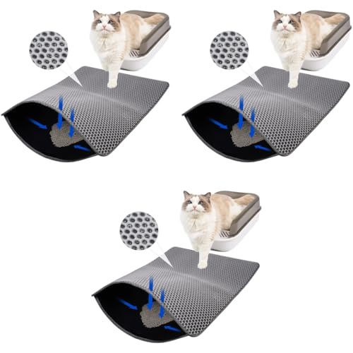 Qpets® Cat Litter Mat 15.7 x 23.6 inches 40 x 60cm Double Layer Open Edge Design Waterproof EVA Material Durable Washable for Cats Box Tray Grey 3 PCS