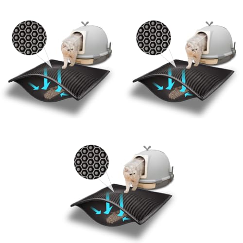 Qpets® Cat Litter Mat Litter Box Honeycomb Double Layer Tray Waterproof EVA Material Durable Washable Play Easy Clean Filter Any Sand Black 45 x 60CM 3PCS