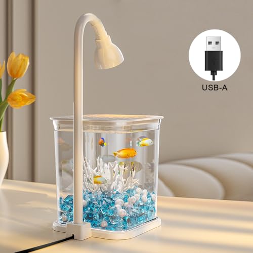 Qpets® Betta Fish Tank, Ventilated Roofed Clear Small Fish Tank with LED Light, Romantic Blue Pebble Faux Pearl Coral Ornaments