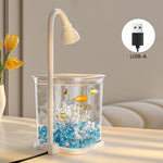 Qpets® Betta Fish Tank, Ventilated Roofed Clear Small Fish Tank with LED Light, Romantic Blue Pebble Faux Pearl Coral Ornaments