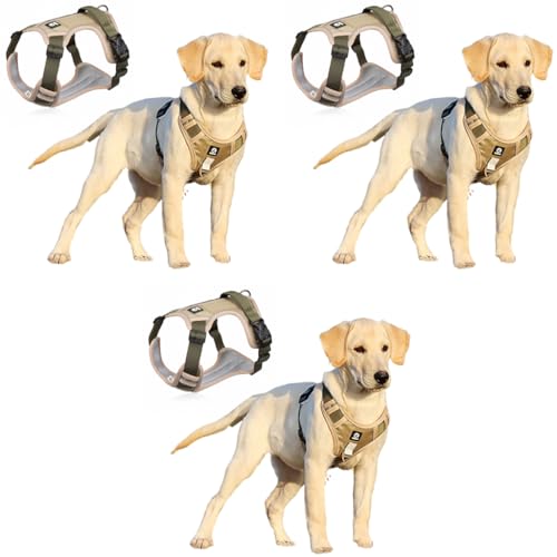 Qpets® Dog Harness No-Pull Pet with Safety Reflective Strip for Large Size Control Handle Belt Outdoor Oxford Cloth Vest Khaki XL Suitable for 22.5-45kg 3 PCS