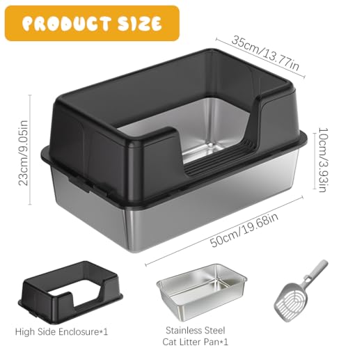 Qpets® Stainless Steel Cat Litter Box, Open Large Cat Litter Box with Cat Litter Scoop & High Side Fence, Anti-Splash Cat Toilet Deepened PP Guard Design Litter Box for Cats Large Size - 50x23x35CM