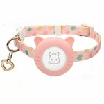 Qpets® Airtag Cat Collar Kitten Collar Breakaway with Silicone Airtag Holder, Bells & Flower Charm for Girl Cats Boy Cats Small Dogs(Pink)-Pink-S