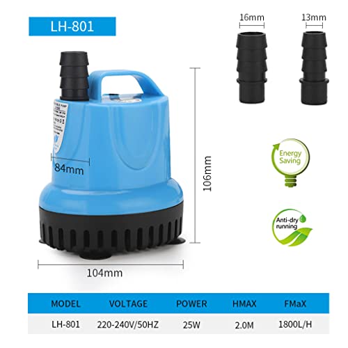 Qpets® 1800L/H Submersible Water Fountain Pump Mini 25W Aquarium Air for Pond Power Large Circulation with Suction Cup Bottom Fish Garden 2 PCS