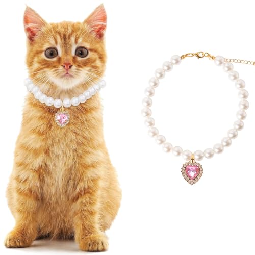 Qpets® Cat Collar Jewelry Necklace Pink Rhinestone Heart Charm Pearl Necklace Adjustable Cat Puppy Charm Necklace Dressing Up JewellryPhotography Prop, 11.81+1.97 inches