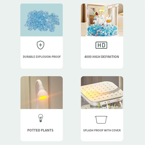 Qpets® Betta Fish Tank, Ventilated Roofed Clear Small Fish Tank with LED Light, Romantic Blue Pebble Faux Pearl Coral Ornaments