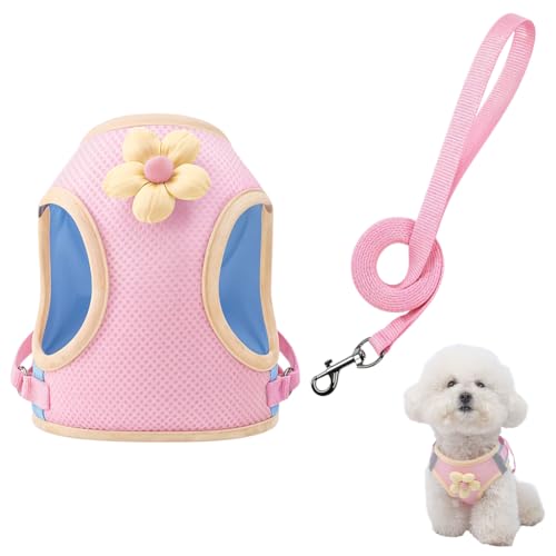 Qpets® Cat Harness Vest with 59 inch Leash Pink Flower Harness Vest Breathable Mesh Harness Vest with Quick Release Buckle 360 ° Swivel Hook Design No Tangle Cat Leash, M
