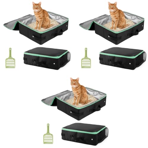 Qpets® Portable Cat Litter Box Foldable Outdoor Easy with Waste Shovel Reusable Washable Waterproof Oxford Cloth Case 40x30x13cm 3 PCS