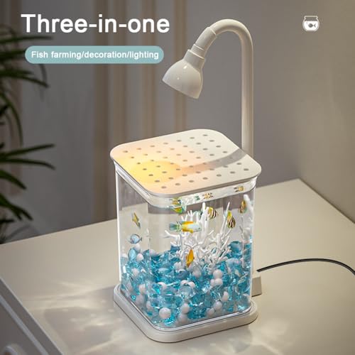 Qpets® Betta Fish Tank, Ventilated Roofed Clear Small Fish Tank with LED Light, Romantic Blue Pebble Faux Pearl Coral Ornaments