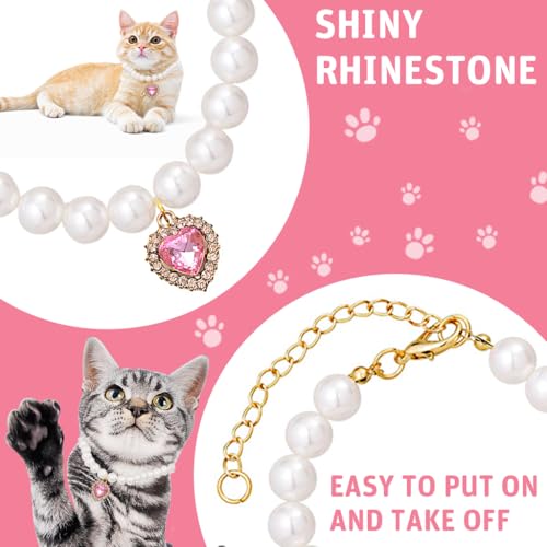 Qpets® Jewelry Cat Collar Pet Necklace with Pink Rhinestone Heart Charm Pearl Adjustable Valentine's Day Gift Puppy Photography Prop M 30-35CM 3PCS