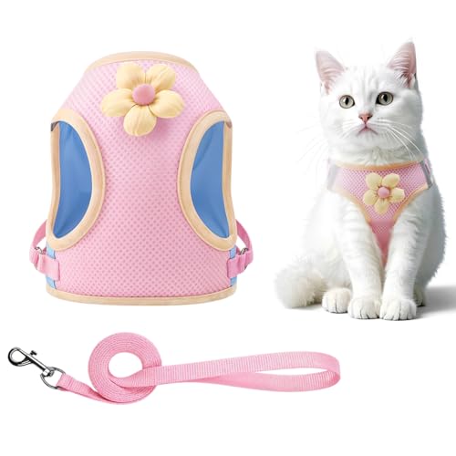 Qpets® Cat Harness Vest with 59 inch Leash Pink Flower Harness Vest Breathable Mesh Harness Vest with Quick Release Buckle 360 ° Swivel Hook Design No Tangle Cat Leash