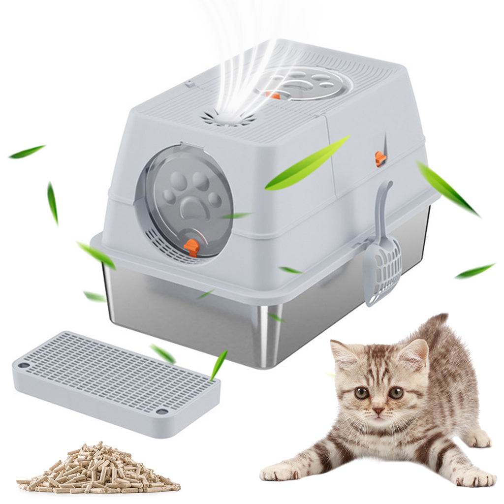 Qpets® Stainless Steel Cat Litter Box Dual Doors Anti-Odor Cat Litter Box with Air Vent Includes Cat Litter Catcher & Cat Litter Scoop Enclosed Cat Litter Box with Flip Up Lid, 40x60x39cm