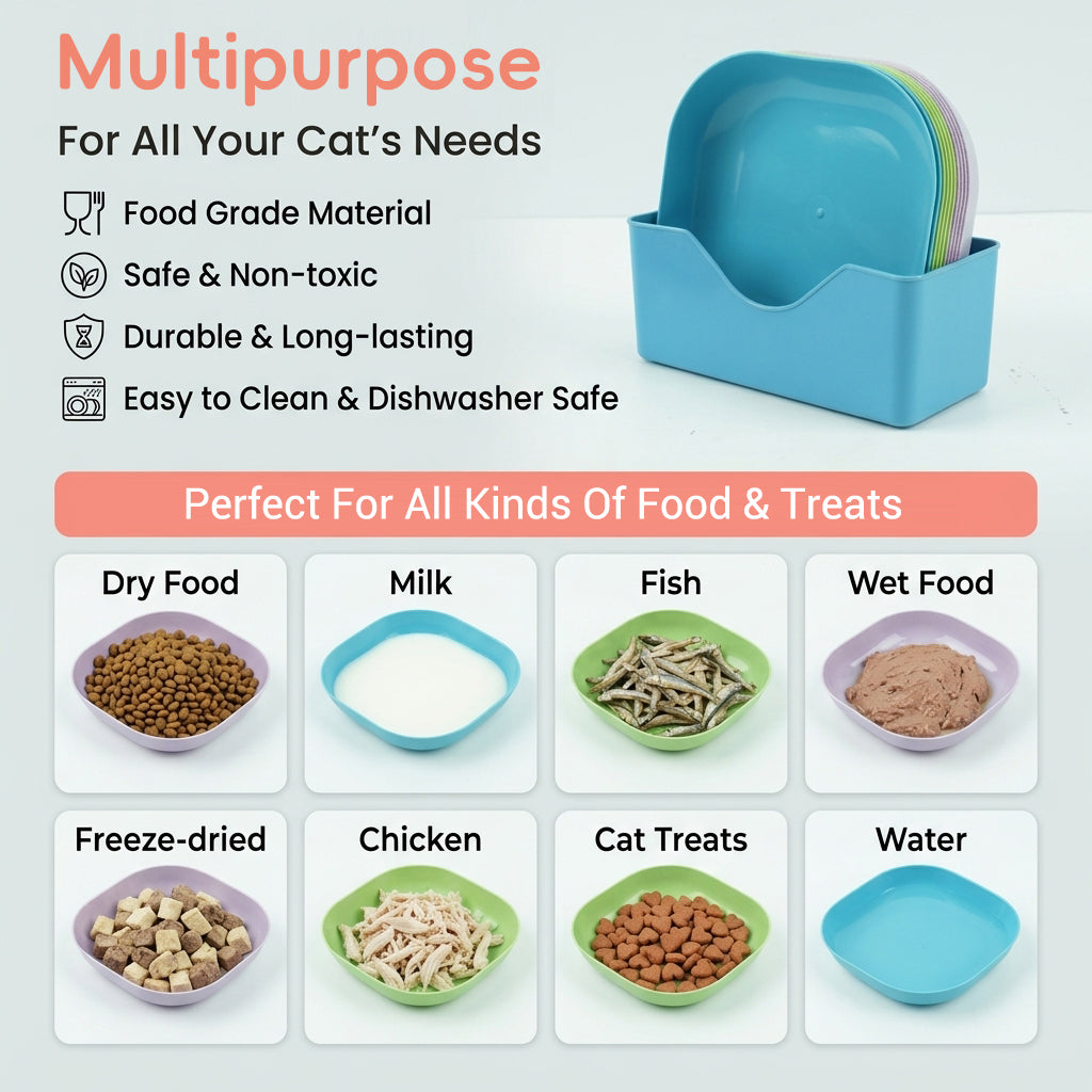 Qpets Whisker-Friendly Cat Bowls, 10-Pack with Holder Tray, Wide Shallow Plastic Dishes