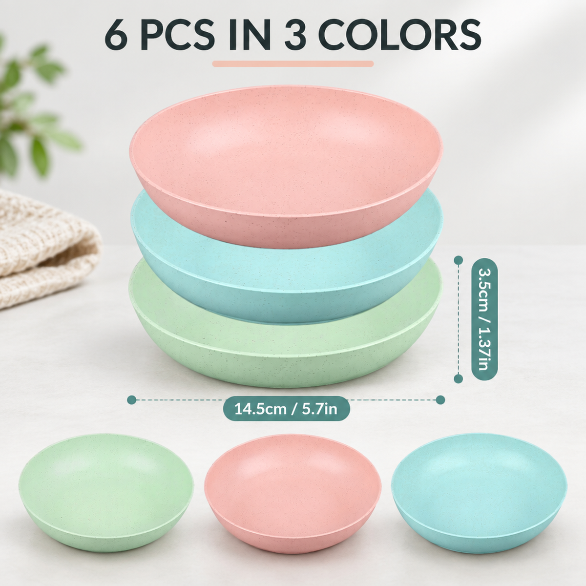 Qpets 6-Piece Wheat Straw and PP Pet Food Bowls for Cats and Small Dogs, Shallow and Stackable
