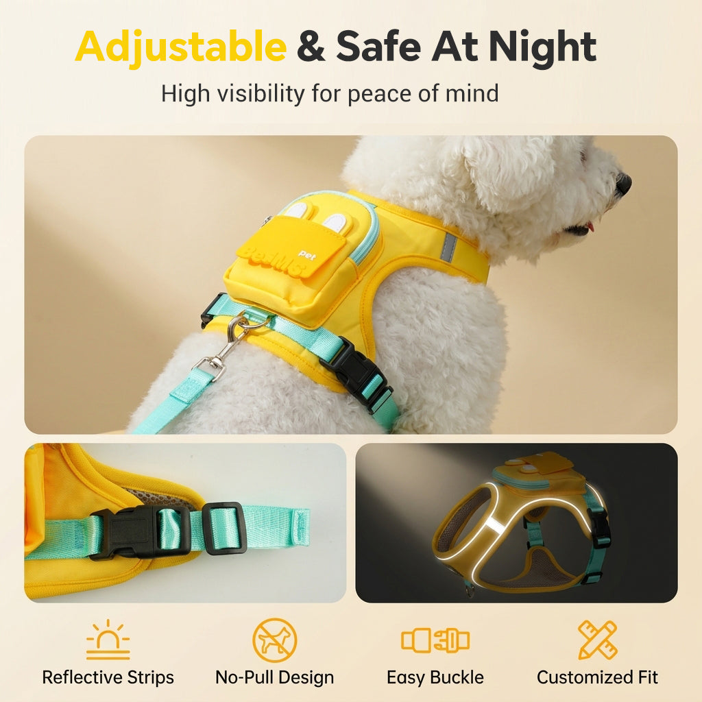 Qpets Dog Harness Backpack and Leash Set with Reflective Oxford Fabric, Medium L, 42-55 cm Chest