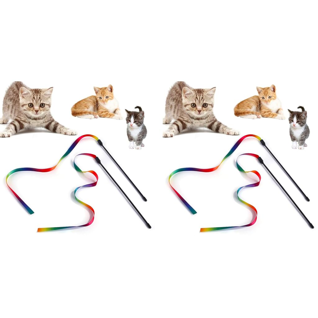 Qpets Cat Rainbow Wand Toys for Interactive Play with Colorful Satin Ribbon | 4PCS Set