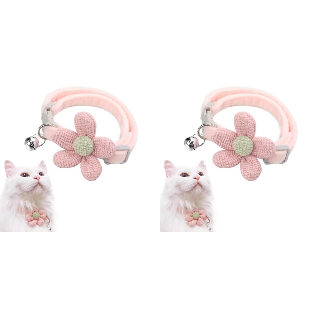 Qpets Cat Collar featuring Crochet Flower Ornament with Bell Soft Plush 2PCS Set | Pink Adjustable Gift