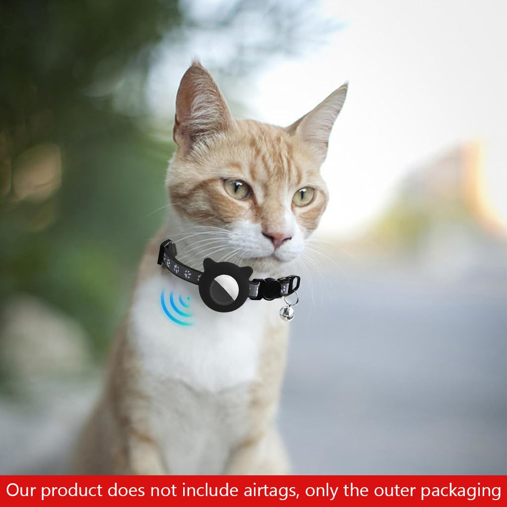 Qpets® Black Cat Collar, Cat Collar with Silicone Airtag Holder Cute Cat Collar with Bell Quick ReleaseAdjustable Cat Collar