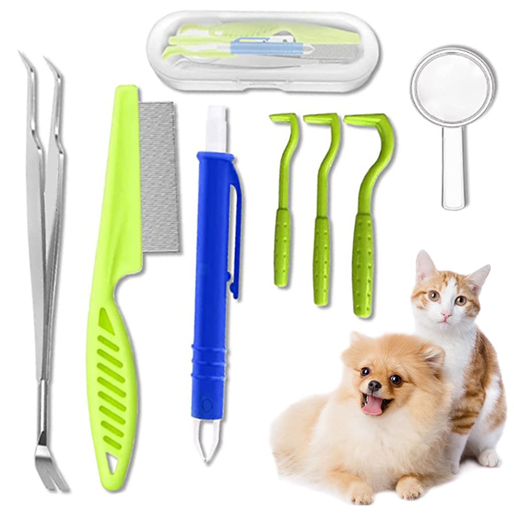 7 Pcs Tick Remover Tool Set, Stainless Steel Double Headed Tweezer Pet Lice Remover Tick Kit, Efficient Insect Catching Tweezers to Eliminate Fleas for Dogs Cats with Storage Leather Tool Bag