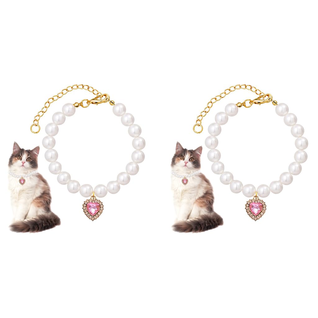 Qpets Jewelry Cat Collar for Cats and Small Dogs featuring Pink Rhinestone Heart Charm | Adjustable 20–25 cm Pearl Necklace Set 2 pcs
