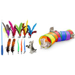Qpets Cat Interactive Toys Set for Kittens with Teaser Wands and Feather Worms | Collapsible Tunnel Tube for Indoor and Outdoor Play