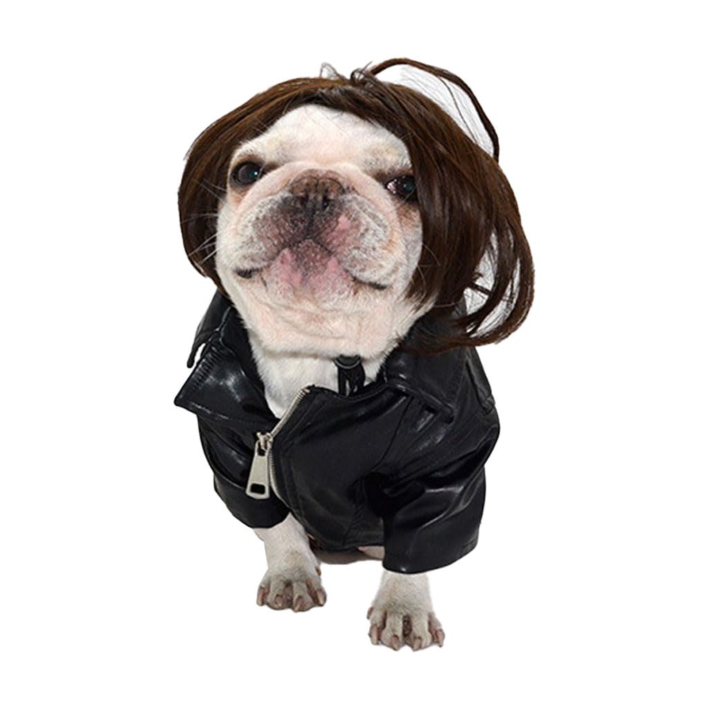 Qpets Dog Wig for Party and Festival Wear with Adjustable Chin Strap in Brown Hairpiece