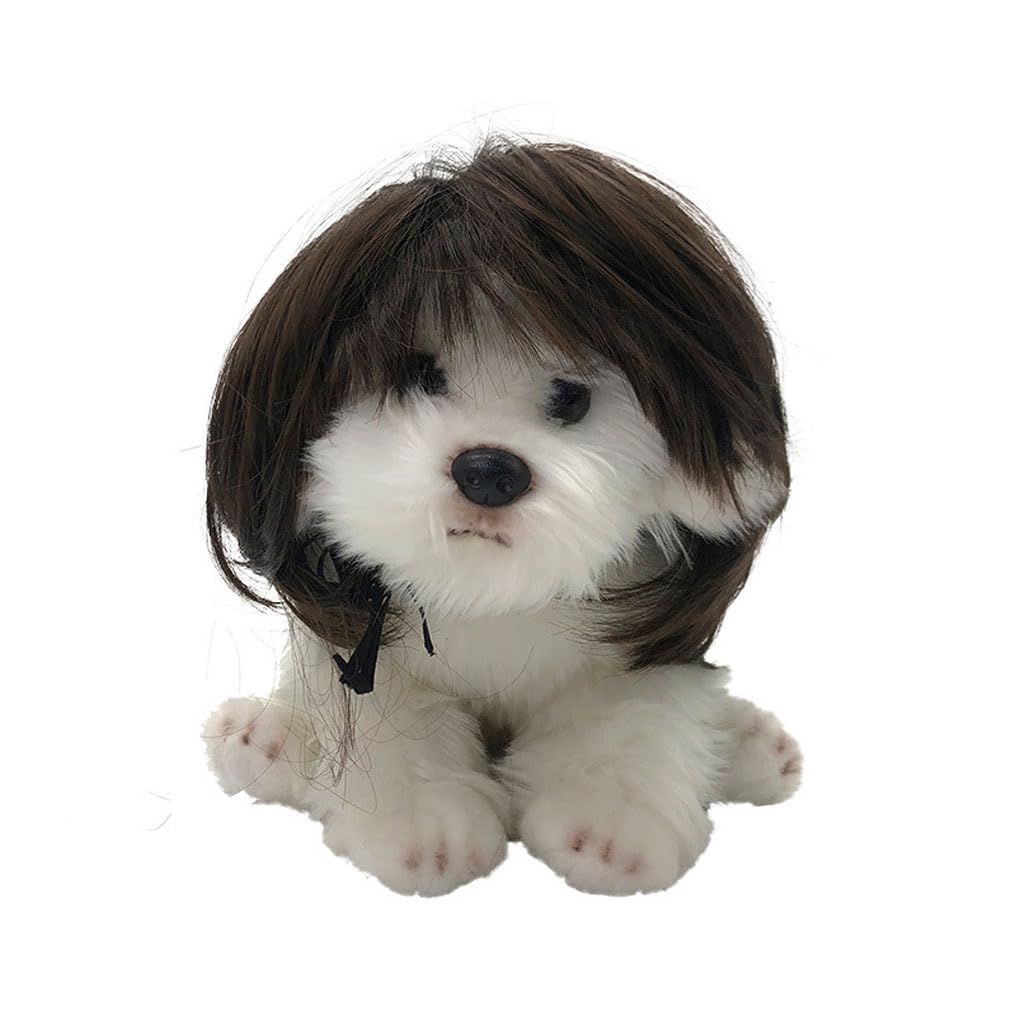 Qpets Dog Wig for Party and Festival Wear with Adjustable Chin Strap in Brown Hairpiece