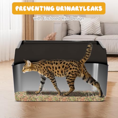 Qpets® Stainless Steel Cat Litter Box, Open Large Cat Litter Box with Cat Litter Scoop & High Side Fence, Anti-Splash Cat Toilet Deepened PP Guard Design Litter Box for Cats Large Size - 50x23x35CM