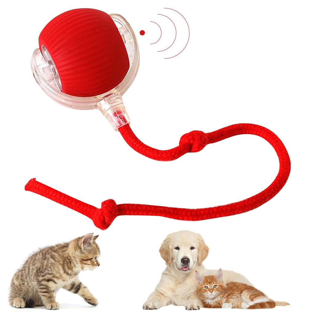 Qpets® Dog Ball Toy Electric Fun Ball Toy for Cats Dogs Motion Activated Cat Chasing Ball Toy with Red Rope Tail Auto Escaping Ball Toy with 3 Modes LED Moving Ball Toy 5-Mins Auto Off Setting