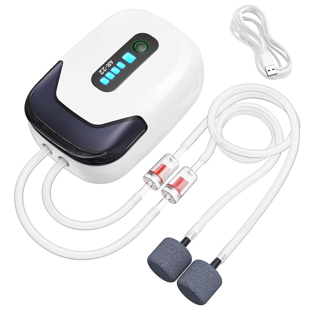 Qpets® USB Cordless Aquarium Air Pump, Portable Fish Tank Oxygen Pump with Constant & Intermittent Modes, 20-40 Hours Runtime, Quiet Aerator with Air Stones for Fishing, Travel & Home