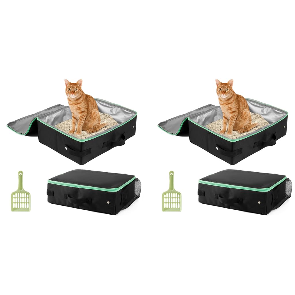 Qpets Portable Cat Litter Box for Travel with 40x30x13cm Foldable Case and Waterproof Oxford Cloth | Easy Clean Reusable Set of 2