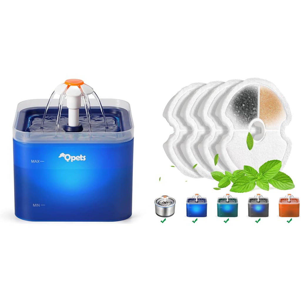 Qpets Cat Water Fountain 2L for Home Use with Ultra Quiet Pump and LED Light | Includes 4 Replacement Filters
