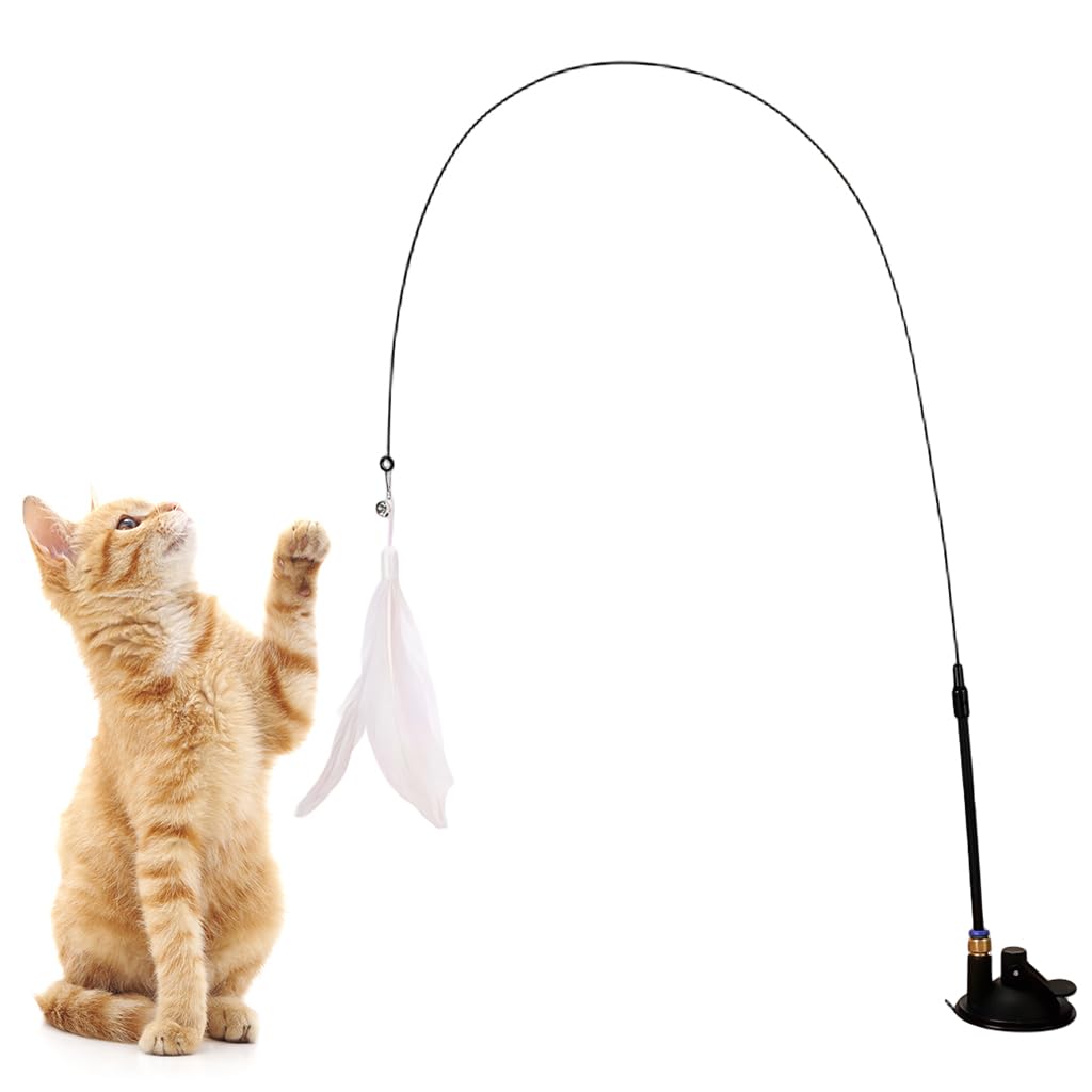 Qpets Cat Teaser Wand for Interactive Play with Suction Cup Base and Fiberglass Rod | Replaceable Feather Toy