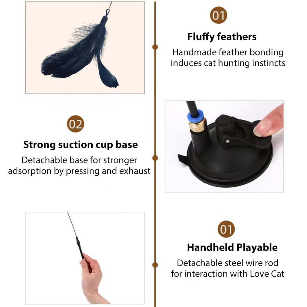 Qpets Cat Teaser Wand with Suction Cup Base featuring Fiberglass Rod and Feather Toy for Indoor Cats
