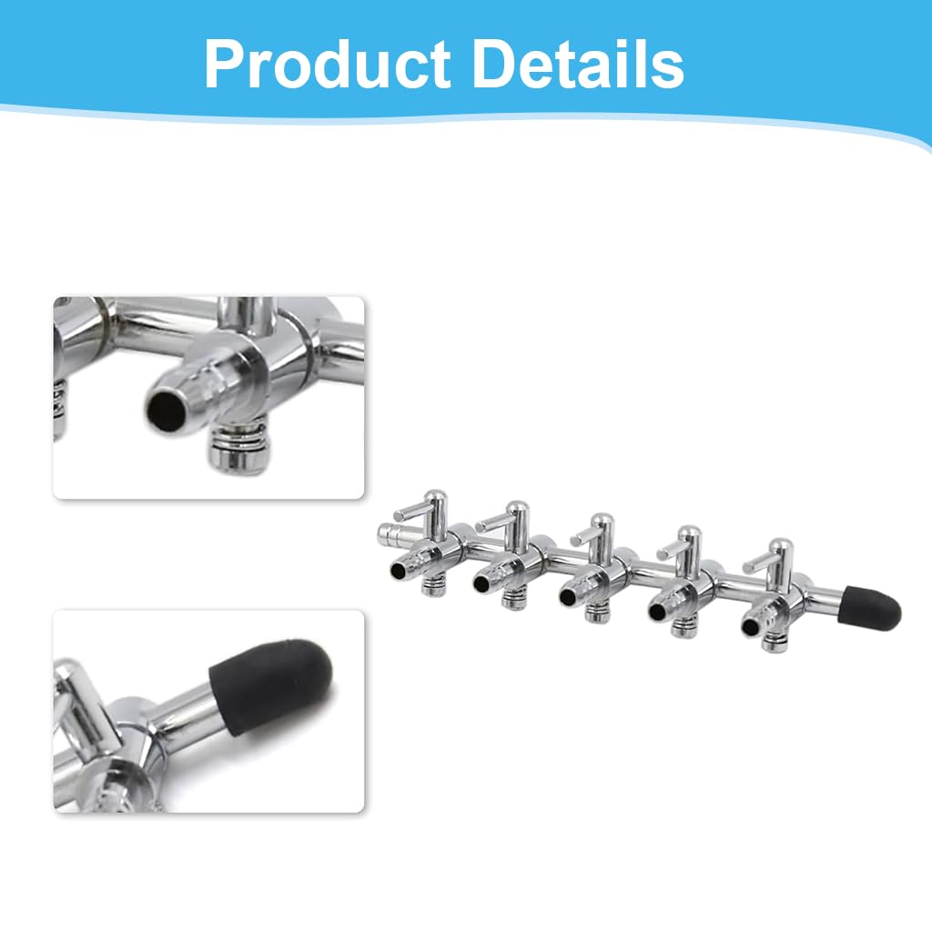 Qpets Aquarium Air Pump Manifold for Multiple Tanks featuring 1-to-5 Outlets with Individual Control Valves and Stainless Steel Build