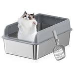 Qpets Cat Litter Box 50x35x20cm for Under 10kg Cats with Anti Tip Base and 304 Stainless Steel Walls | Includes Scoop and 4 Non Slip Mats