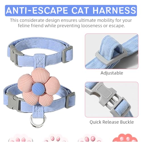 Qpets® Cat Harness with Leash Set for Small Cats Quick Release Buckle Escape-Proof Cute Flower Pet Belt Outdoor Walking Travel M Chest 27-43cm Neck 23-33cm 2PCS